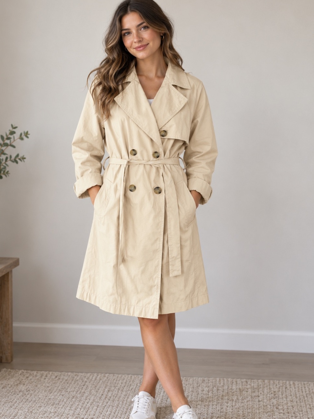 Women's Cream Double-Breasted Trench Coat with Tie Belt medium